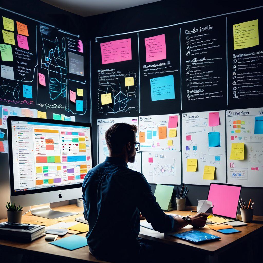 A dynamic digital workspace filled with colorful sticky notes, laptops, and brainstorming diagrams. A person is shown passionately typing on their laptop, with glowing light bulbs around to symbolize ideas and creativity. The background features a large whiteboard filled with strategic content plans and charts. The atmosphere conveys collaboration and innovation in online media creation. vibrant colors. modern illustration.