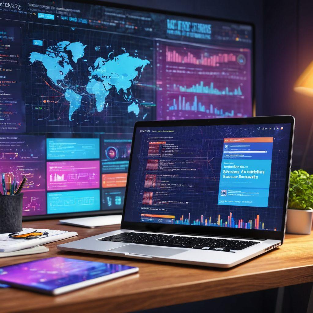 A dynamic workspace featuring a laptop with web development code on the screen, alongside digital marketing analytics charts and a digital marketing strategy plan. The background showcases a vibrant online network, symbolizing interconnectedness of ideas, websites, and marketing strategies. Add elements representing social media icons and SEO concepts. super-realistic. vibrant colors. 3D.