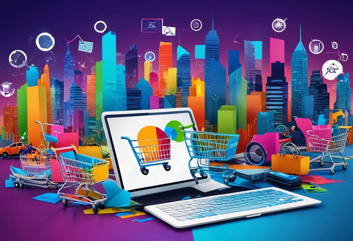 A dynamic and visually engaging collage featuring a bustling e-commerce scene with diverse online shoppers, highlighted SEO keywords, and digital devices. Include elements like shopping carts, upward trending graphs, and magnifying glasses focusing on keywords. The background should blend a digital and modern urban landscape symbolizing connectivity and growth. vibrant colors. 3D. digital art.